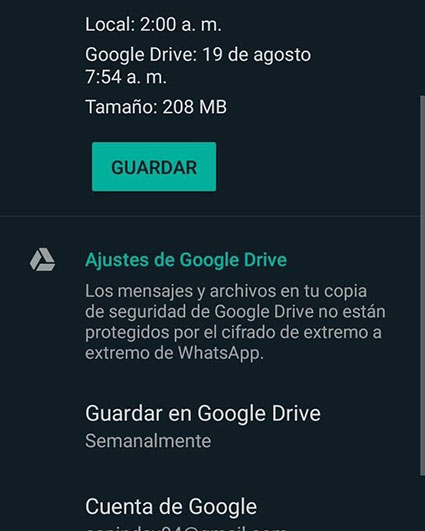 Guardar copia de seguridad whatsapp en google drive