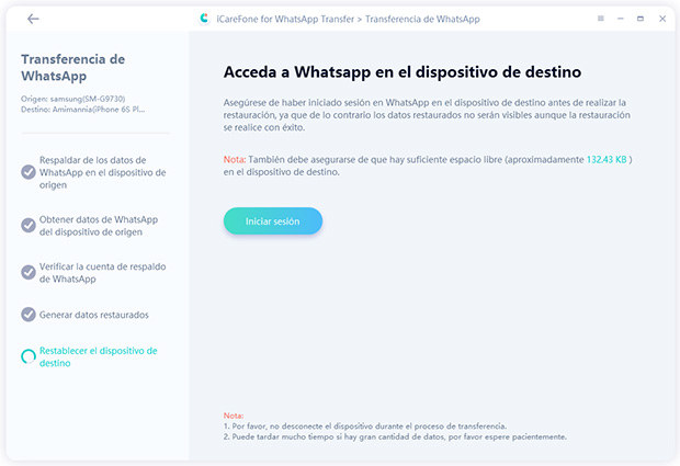 restablecer el dispositivo de destino por icarefone-ios whatsapp transferencia