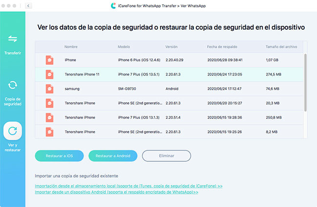 Restaurar los datos de whatsapp en iphone a través de icarefone whatsapp transferencia