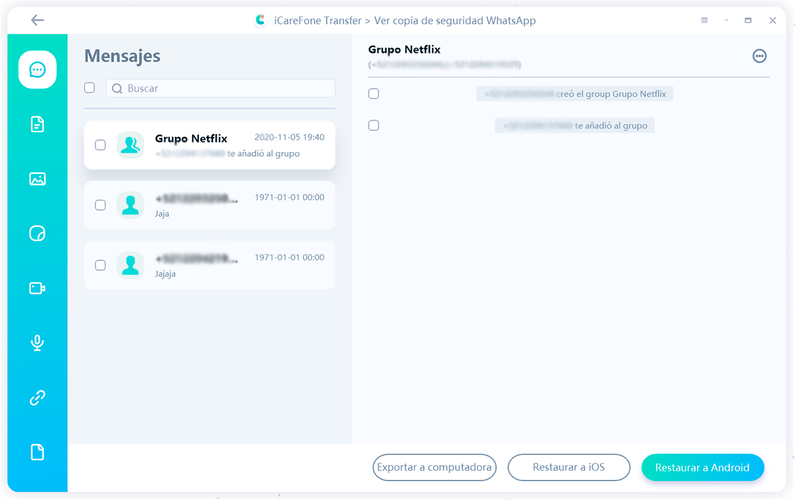 guía de transferencia de icarefone - copia de seguridad de la interfaz de whatsapp